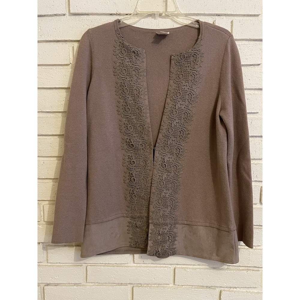 Chico's 0 Brown‎ Long Sleeve One Hook Cardigan Faux Suede Sweater Jacket  Sz Sm.